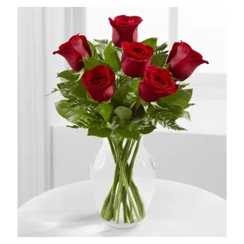 6 Red Roses in Vase with Greenery