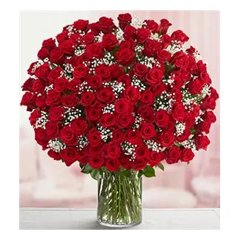 99 Red Roses in Vase with Greenery