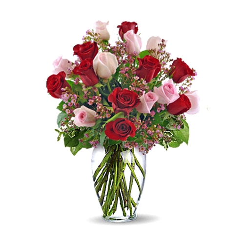 18 Red & Pink Roses in Vase with Greenery