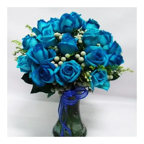 18 Blue Roses in Vase