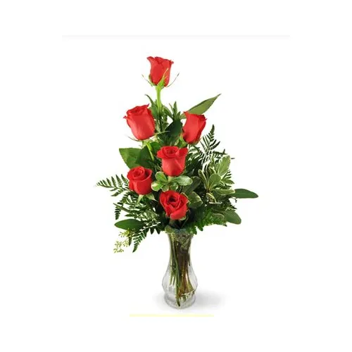 6 Red Roses in Vase with Greenery