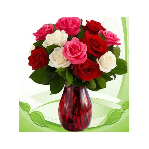 12 Red,White and Pink Roses in Vase