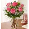 6 Pink Roses in Vase with Greenery